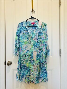 Lilly Pulitzer Turquoise Blue Pink Green Palm-Print Shirtdress